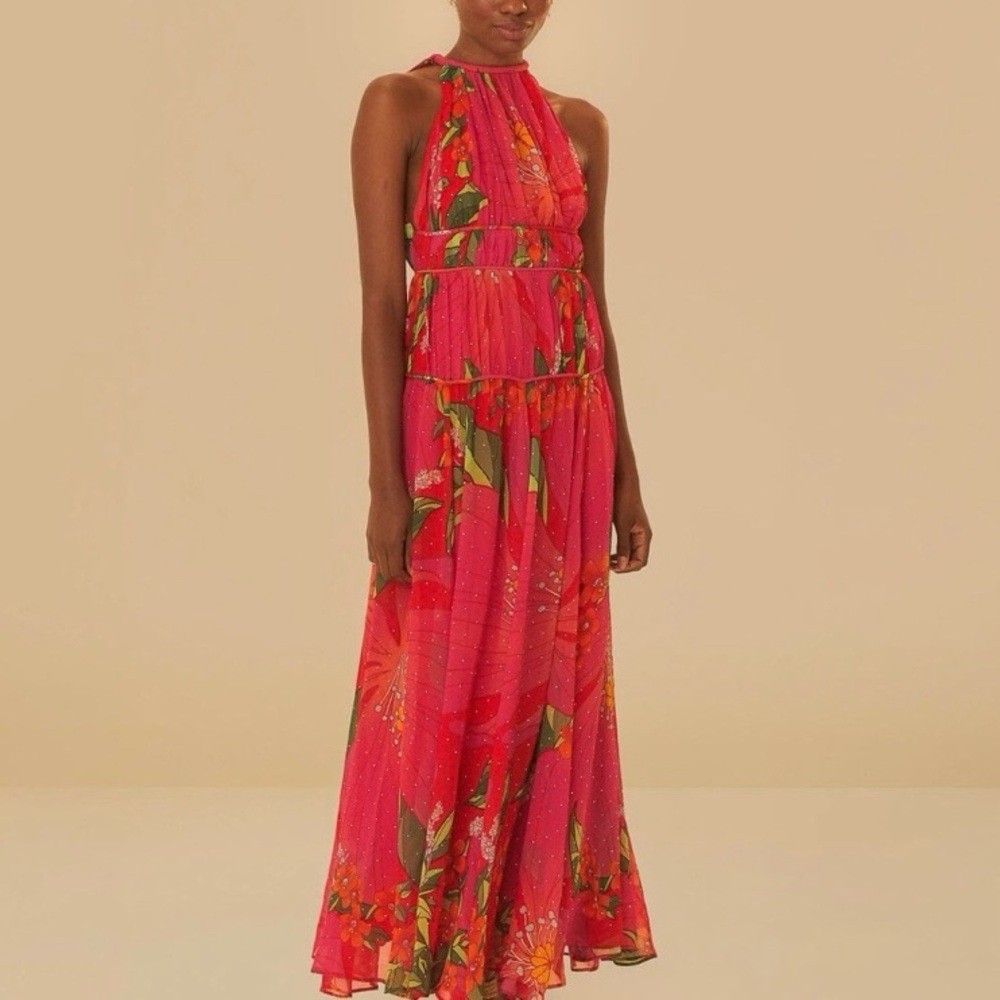 NEW FARM Rio Red Pietra Floral Sleeveless Maxi Dress Chiffon Rhinestones Size XL - Picture 2 of 16